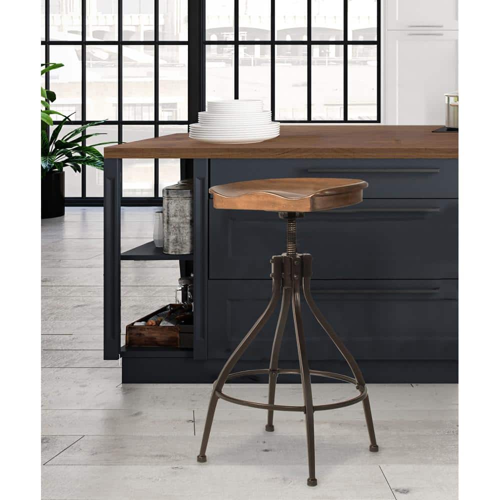 Worland Adjustable Brown Metal and Wood Swivel Bar Stool