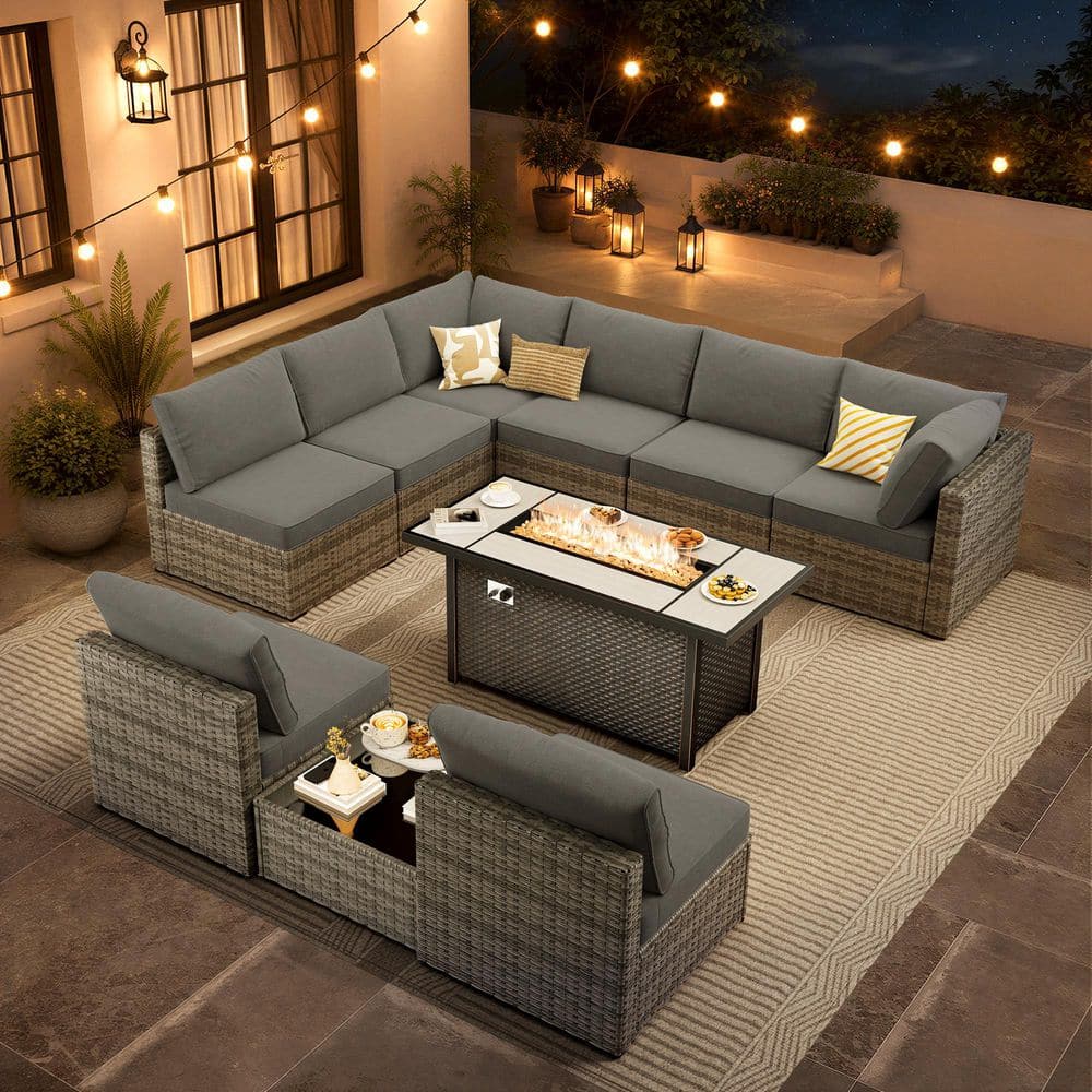 Hoppie Gray 10-Piece Wicker Patio 54 in.Rectangle Fire Pit Conversation Set with Dark Gray Cushions price history on PriceWatchPro