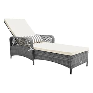 Wicker Outdoor Chaise Lounge Chair Patio Recliner with 6-Level Backrest White Cushion and Pillow