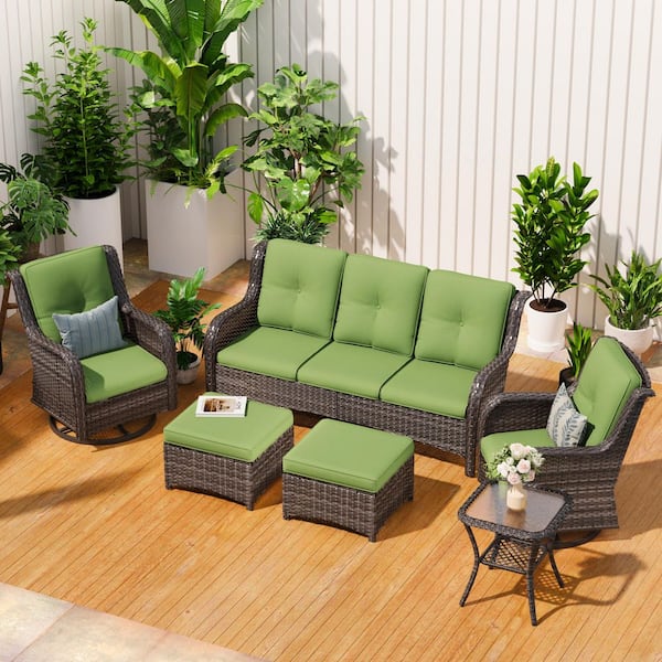6-Piece Brown Wicker Patio Conversation Set Outdoor Couch Set with Green Cushions