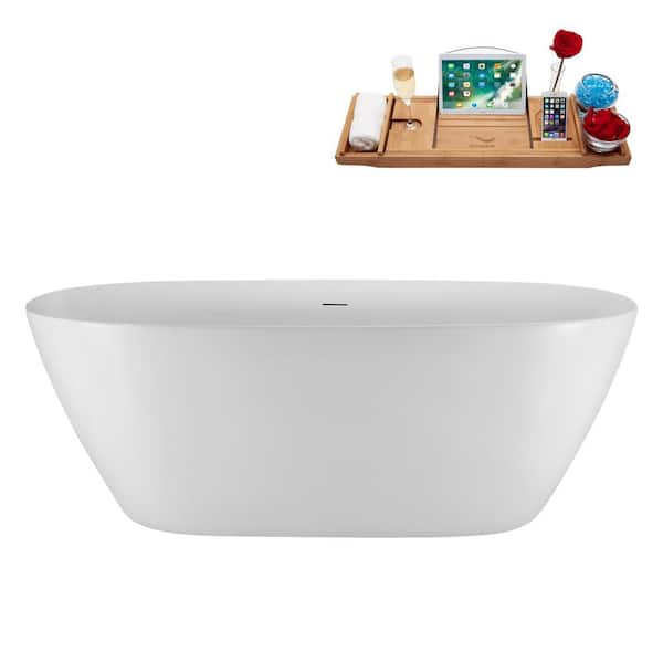 Streamline 67 in. x 30 in. Acrylic Freestanding Soaking Bathtub in Glossy White with Matte Black Drain, Bamboo Tray