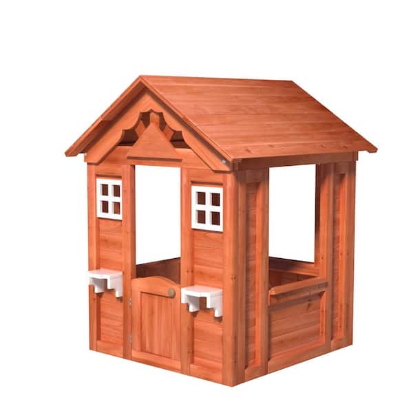 Outdoor Wood Playhouse with 2 Windows and Flowerpot Holder for Kids