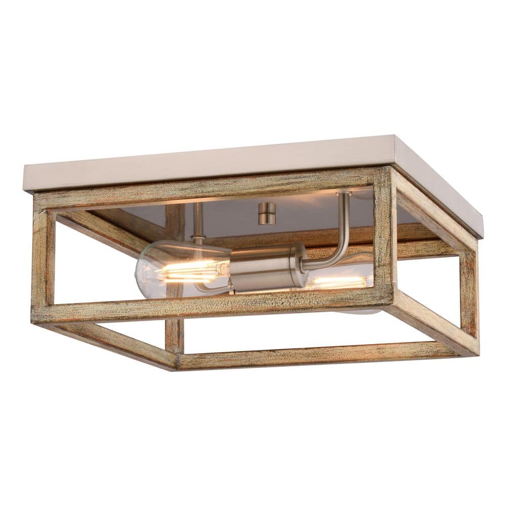 Pratt 13 in. Farmhouse 2-Tone Satin Nickel and Light Oak Cage Flush Mount Ceiling Light for Bedroom price history on PriceWatchPro