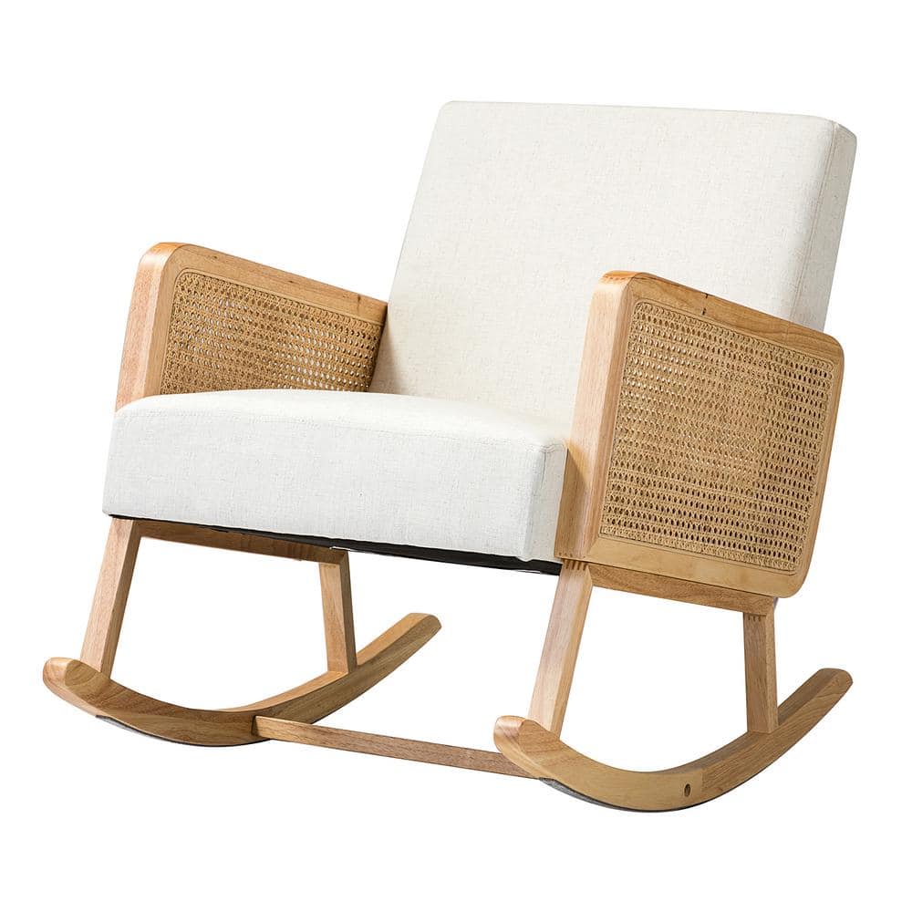 Beige Classic Wood Rocking Chair with Rattan Arms