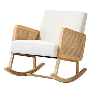 Beige Classic Wood Rocking Chair with Rattan Arms