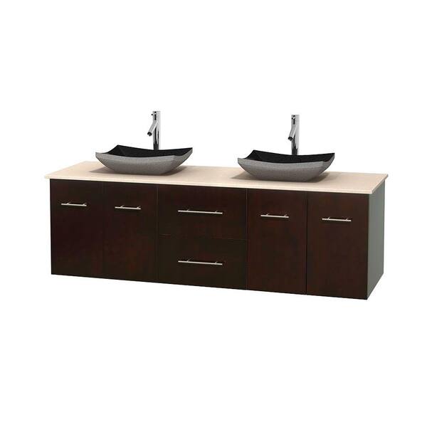 Wyndham Collection Centra 72 in. Double Vanity in Espresso with Marble Vanity Top in Ivory and Black Granite Sinks