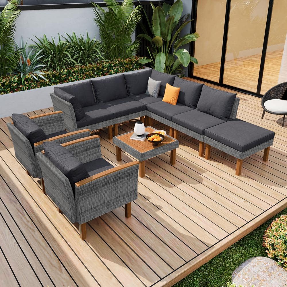9-Piece Wicker Outdoor Sectional Conversation Set with Gray