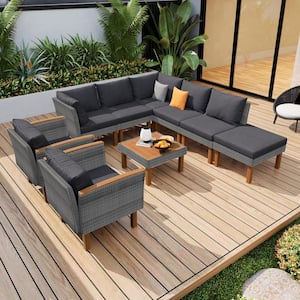 9-Piece Wicker Outdoor Sectional Conversation Set with Gray Cushions and Acacia Wood Legs