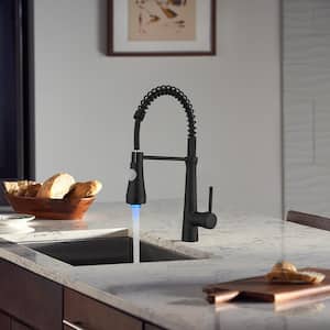 Spring Single Handle Pull Down Sprayer Kitchen Faucet, Single Hole Kitchen Faucet with LED Light in Matte Black