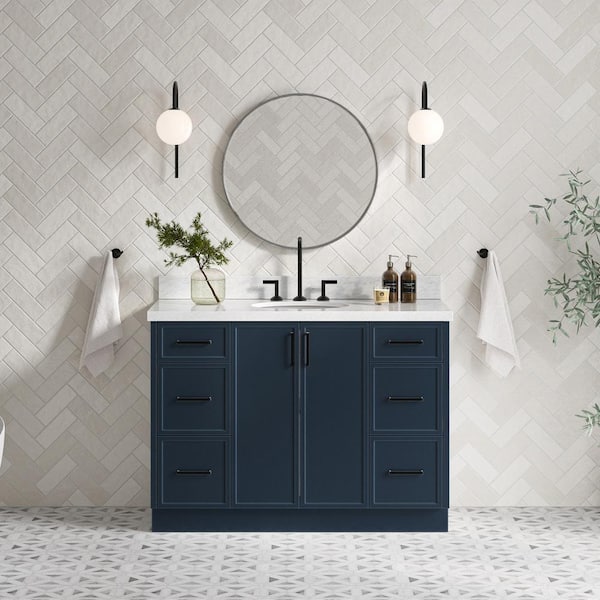 ARIEL Kelly 49 in. W x 22 in. D x 36 in. H Single Sink Bath Vanity in Midnight Blue with Italian Carrara Marble Top