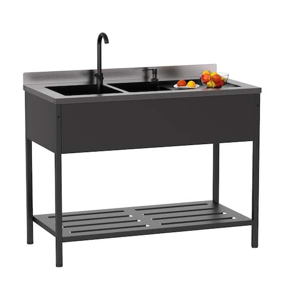 47.5 in. Heavy-Duty Freestanding Stainless Steel Double Bowl Utility Sink Laundry/Utility Sink in Black with Faucet