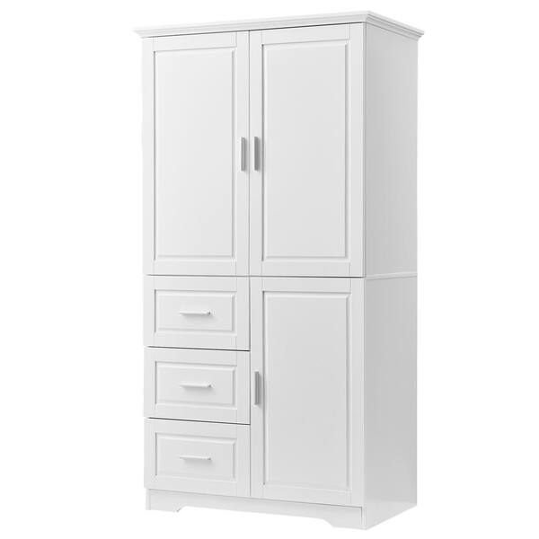 Bnuina 32.6 in. W x 19.6 in. D x 62.2 in. H White Freestanding Tall and Wide Linen Cabinet with 3 Doors and 3 Drawers in White