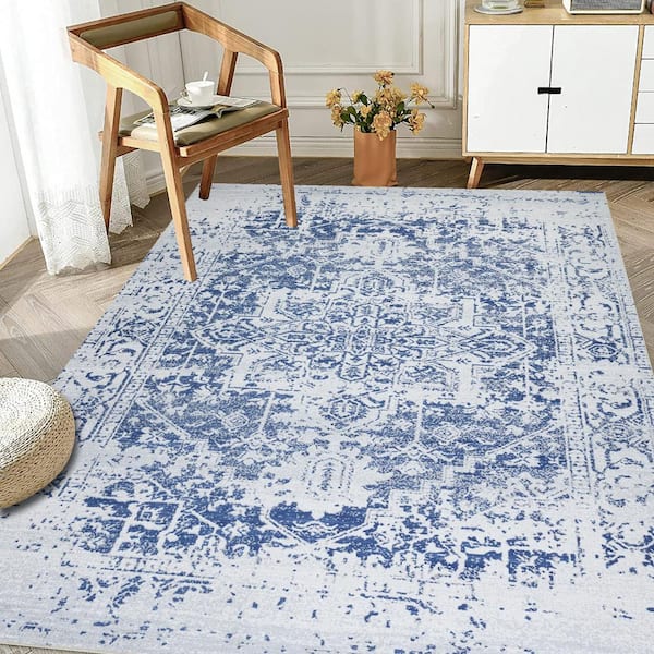Himalayas Navy Creme 5 ft. 4 in. x 8 ft. Machine Washable Modern Floral Abstract Polyester Non-Slip Backing Area Rug
