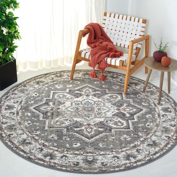 Pyramid 7 ft. x 7 ft. Round Gray/Ivory Vintage Distressed Medallion Area Rug