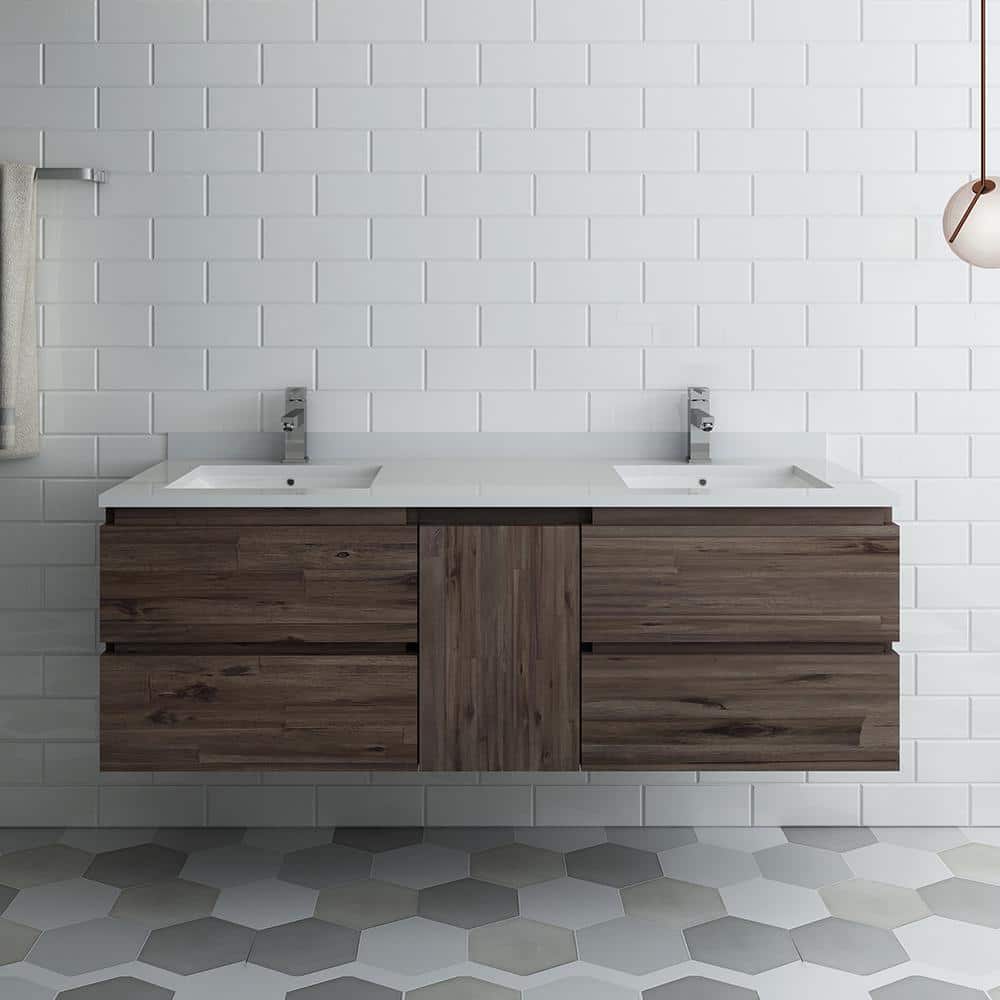 Acacia Wood 58" Wall Mounted Double Sink Bathroom Vanity Base