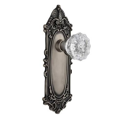 Victorian Plate 2-3/8 in. Backset Antique Pewter Privacy Bed/Bath Crystal Glass Door Knob