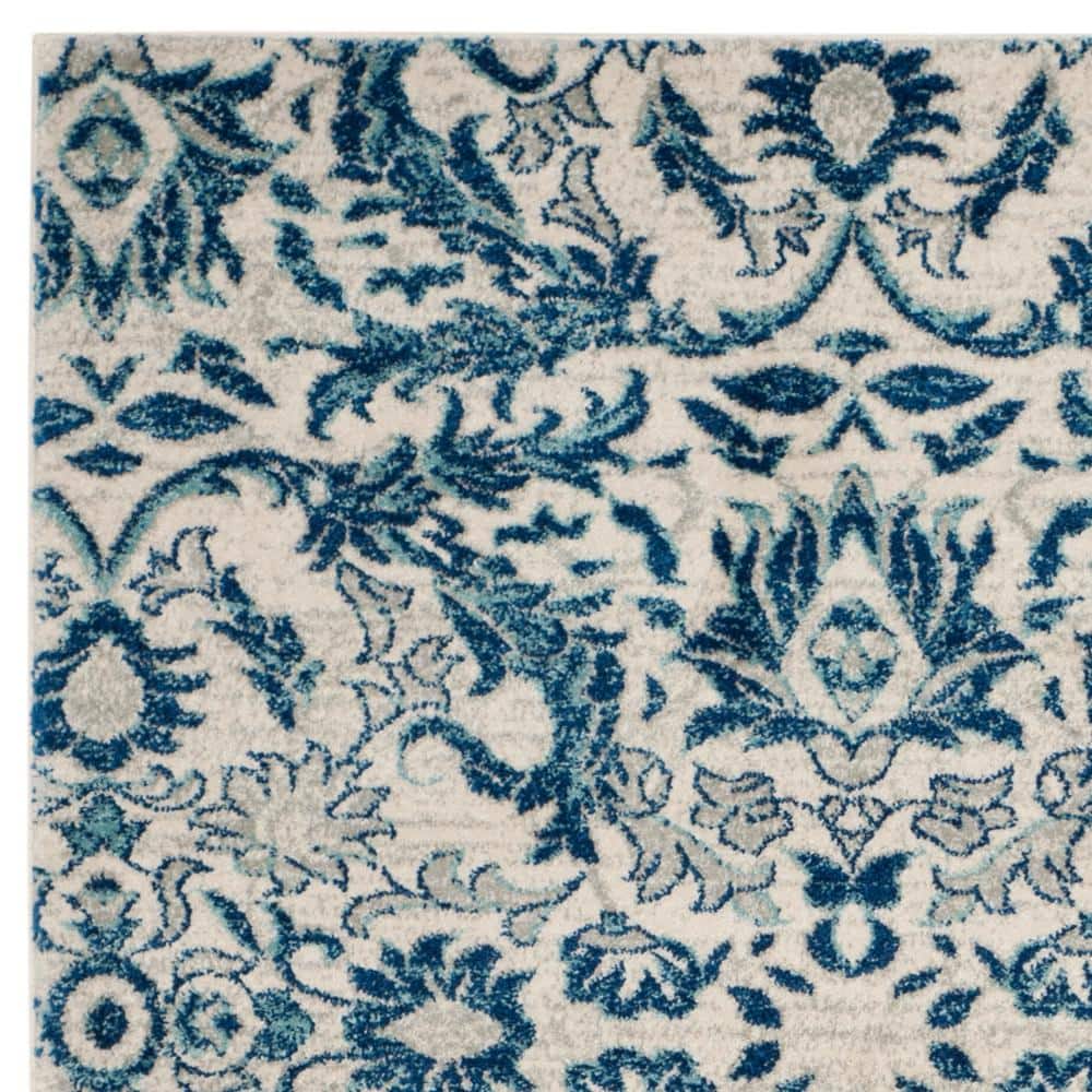 Ivory and Blue High Pile Floral Area Rug