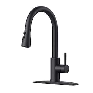 Gooseneck Single Handle Pull Down Sprayer Kitchen Faucet with Deckplate and Flexible Hose Pull Out Spout in Matte Black