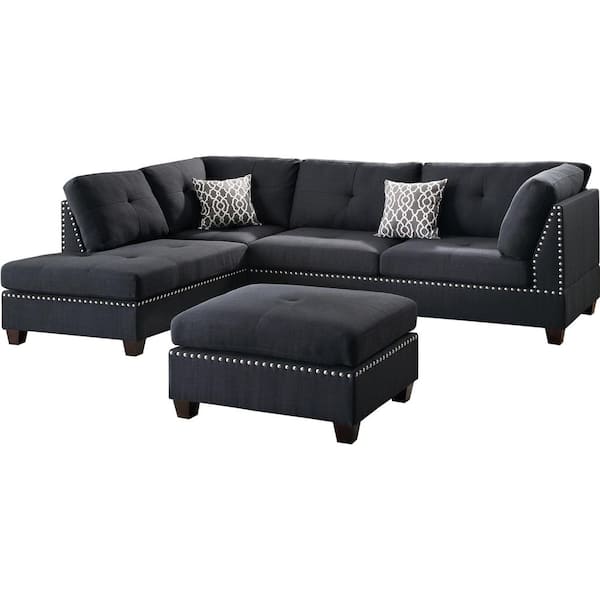 Venetian Worldwide Florence 2-Piece Black Fabric 6-Seater L-Shaped Sectional Sofa with Ottoman