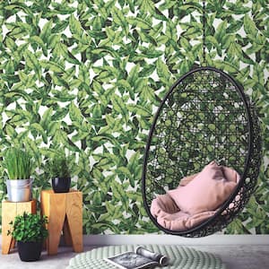 Tropical Leaf Green And White Botanical Vinyl Peel & Stick Wallpaper Roll (Covers 28.18 Sq. Ft.)