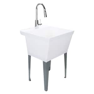 Complete 22.875 in. x 23.5 in. White 19 Gal. Utility Sink Set with Metal Hybrid Chrome High Arc Pull-Down Faucet