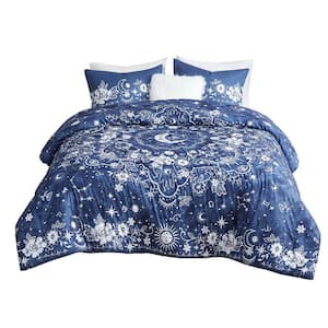 Celestial Medallion Full Queen Size Polyester Floral Comforter Set 1-Comforter, 2-Shams and 1-Square Pillow Case in Navy
