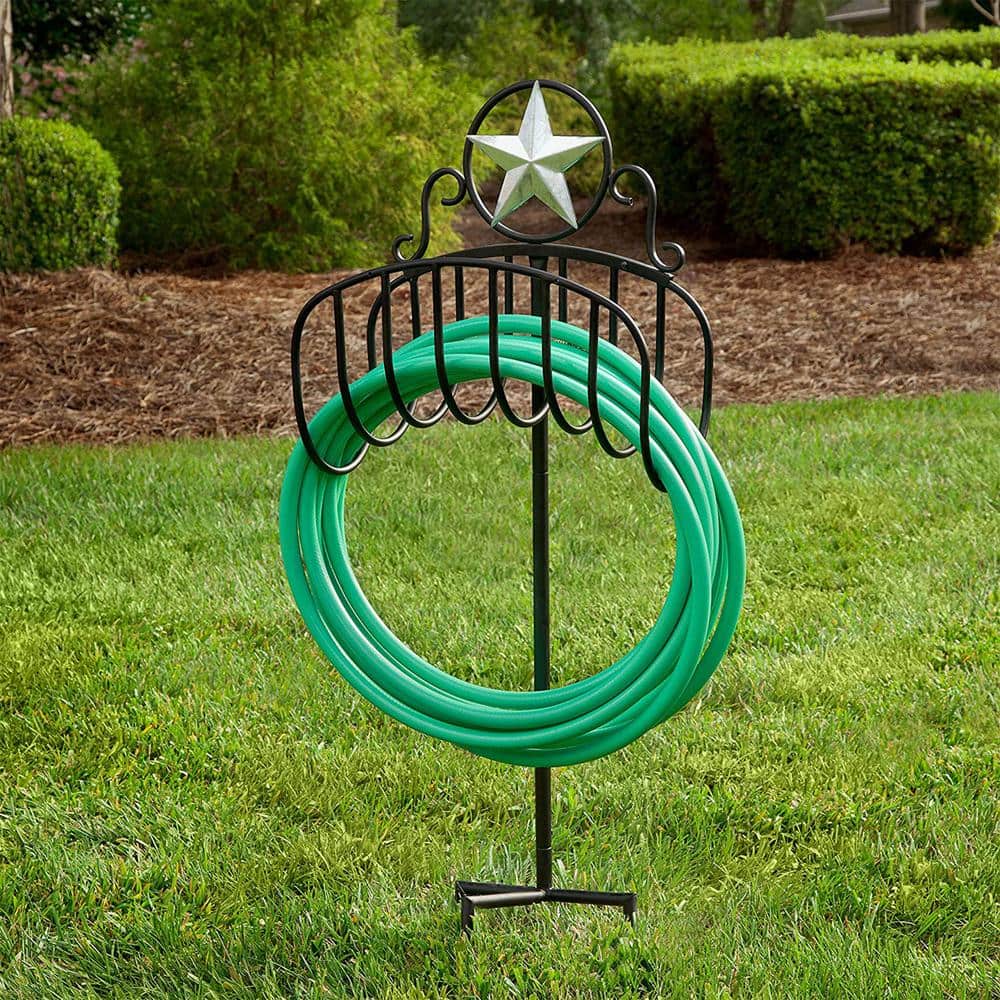 Black Steel Garden Hose Stand with Star Top Design