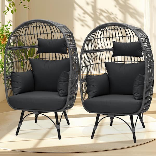FINCATI Patio Charcoal All-Weather Wicker Indoor/Outdoor Egg Lounge Chair with Gray Cushions (2-Chairs)