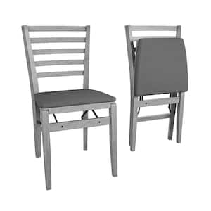 Horizontal Slat Back Solid Wood Folding Chair with Fabric Padded Seat, Gray Woodgrain, 2-Pack