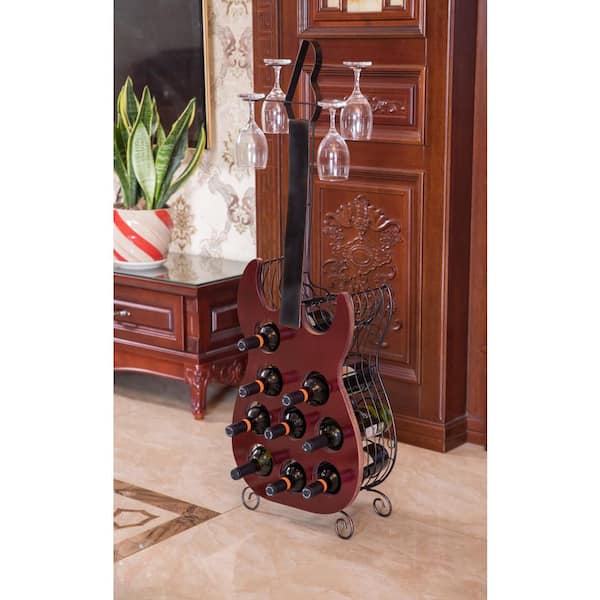 Vintage Wood and Metal Guitar Shaped 9-Bottle Freestanding Decorative Wine Holder