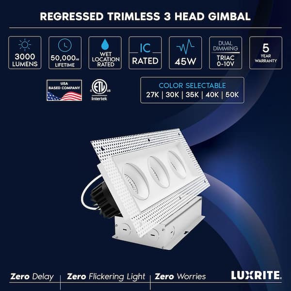 3-Head Integrated LED Regressed Trimless Gimbal Light, 360°+15° Swivel, 5CCT, 45W 3000LM Dimmable 11.73" x 4.25" Cutout