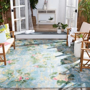 Barbados Light Blue/Green 10 ft. x 12 ft. Abstract Flower Indoor/Outdoor Patio Area Rug