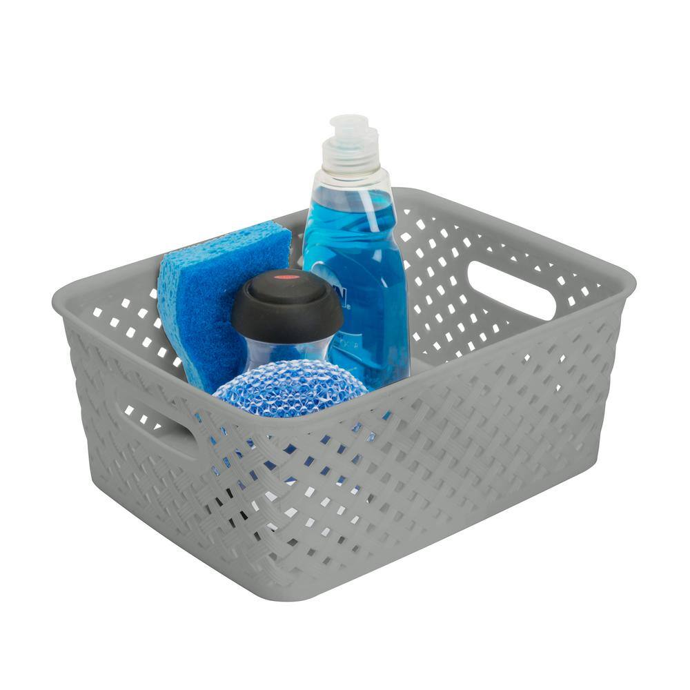 Gray Rectangular Resin Wicker Storage Bin with Handles