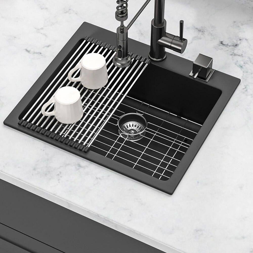 25 in. Drop-In Single Bowl Black Quartz Kitchen Sink with Bottom Grids