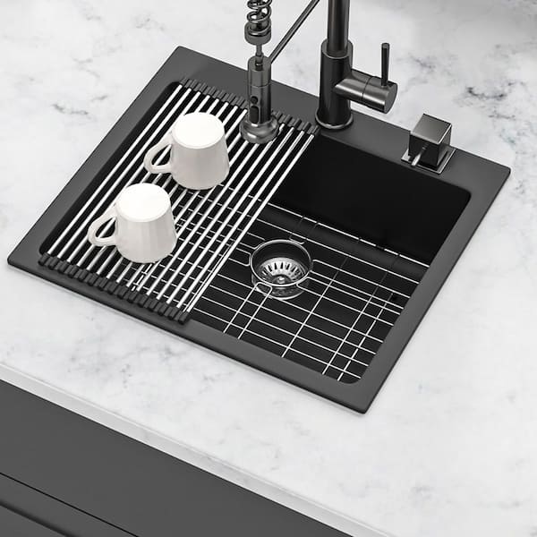 25 in. Drop-In Single Bowl Black Quartz Kitchen Sink with Bottom Grids