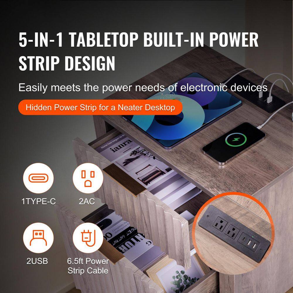 Tablet and 5-in-1 power strip setup on the end table.