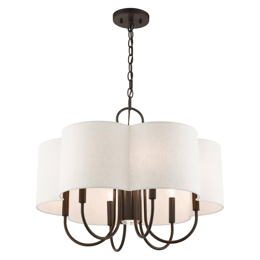 Elegant Solstice English Bronze 7-Light Chandelier with Oatmeal Shade