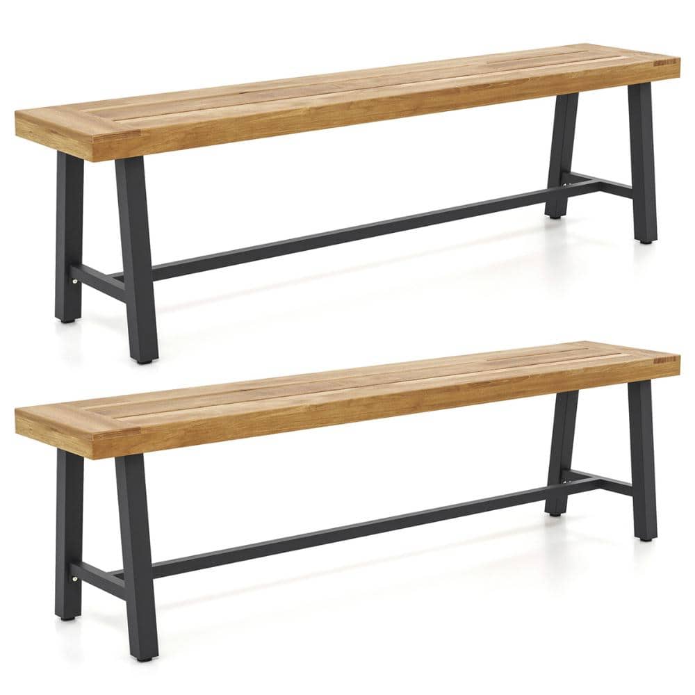 Set of 2 Acacia Outdoor Bench Backless with Metal Frame 800 lbs. Capacity 3-Person Patio Seating