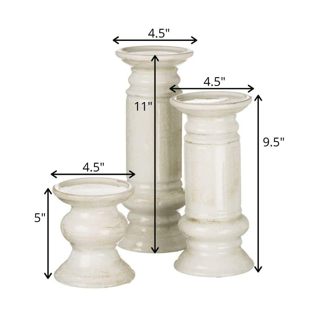 Elegant Trio White Ceramic Pillar Candle Holders 11.5" Set