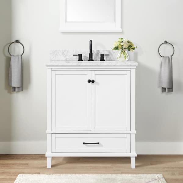 Home Decorators Collection Merryfield 31 in. Single Sink Freestanding White Bath Vanity with White Carrara Marble Top (Assembled)