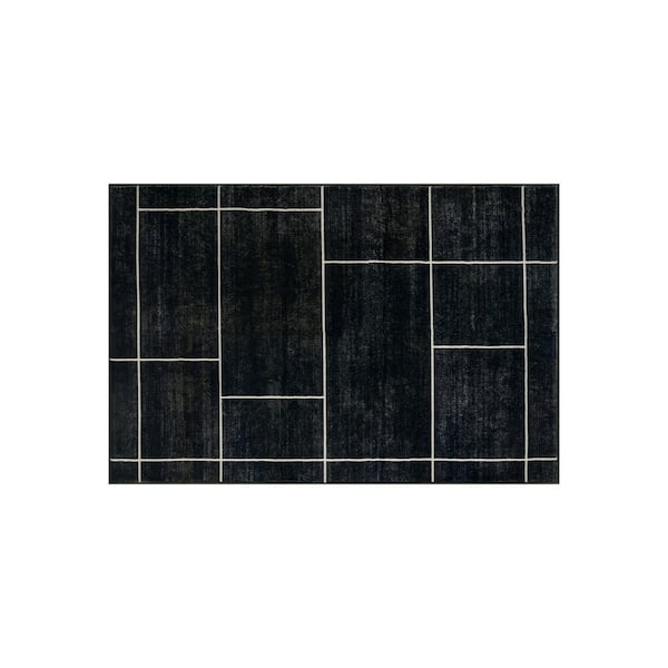 Windowpane Grid Black Machine Washable Non-Slip Backing Area Rug 2' x 4' Black