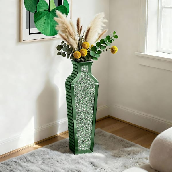 26.57 in. Green Mirrored Crystal Glass Floor Vase