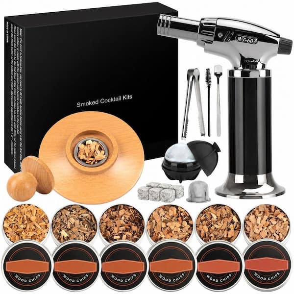 Oak Wood Cocktail Smoker Kit with Torch, 6 Wood Chip Flavors, Gift Box Set for Whiskey and Bourbon
