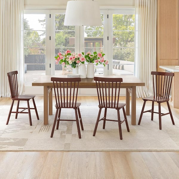 LUE BONA 18 in. Walnut Classic Windsor Dining Chair, Solid Wood High Spindle Back Kitchen Chair (Set of 4)