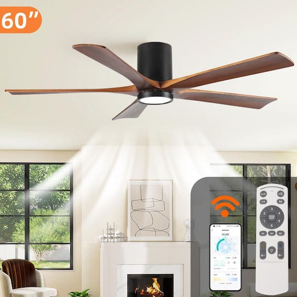 60 in. Flush Mount Ceiling Fan with Light, 5 Brown Solid Wood Blades, Quiet Reversible DC Motor,Dimmable LED,Remote,APP