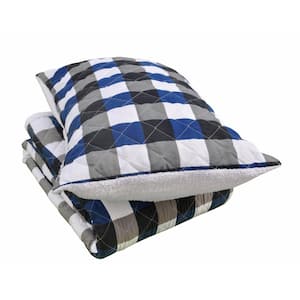 Blue and Gray Plaid 2-Piece Polyester Sherpa Back Twin Quilt Set