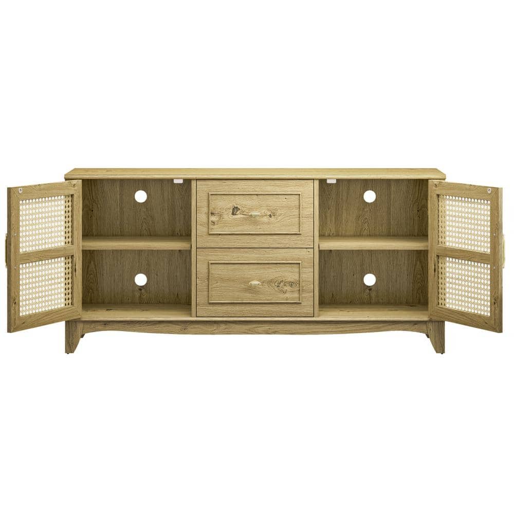 60" Beige Wood TV Stand with Cabinets and Drawers