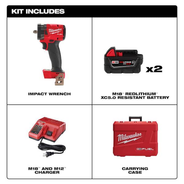 M18 FUEL 18V Lithium-Ion Brushless Cordless 3/8 in. Compact Impact Wrench with Friction Ring Kit, Resistant Batteries