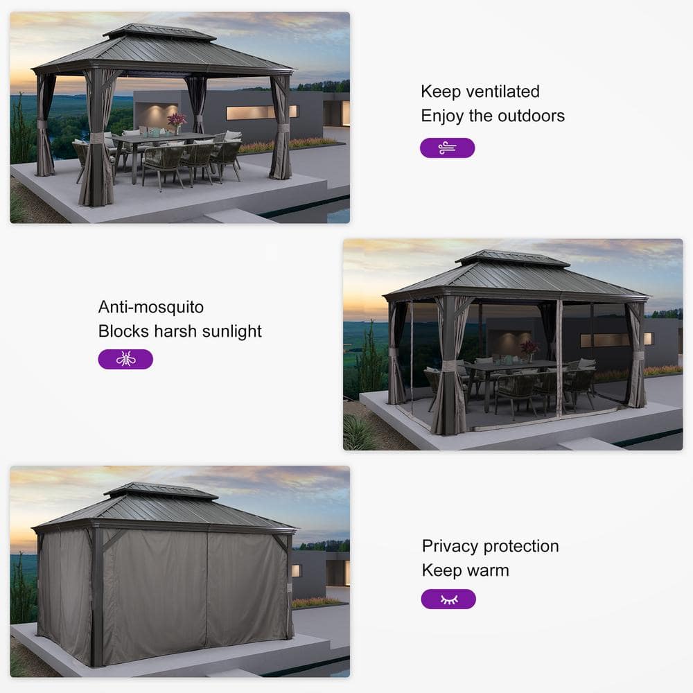 Gray 10' x 14' Hardtop Gazebo with String Lights and Curtains