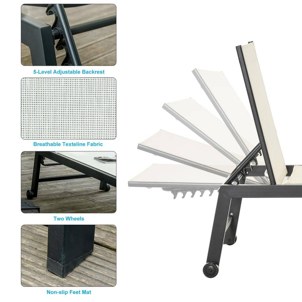 Cream Armless Outdoor Steel Chaise Lounge Chair